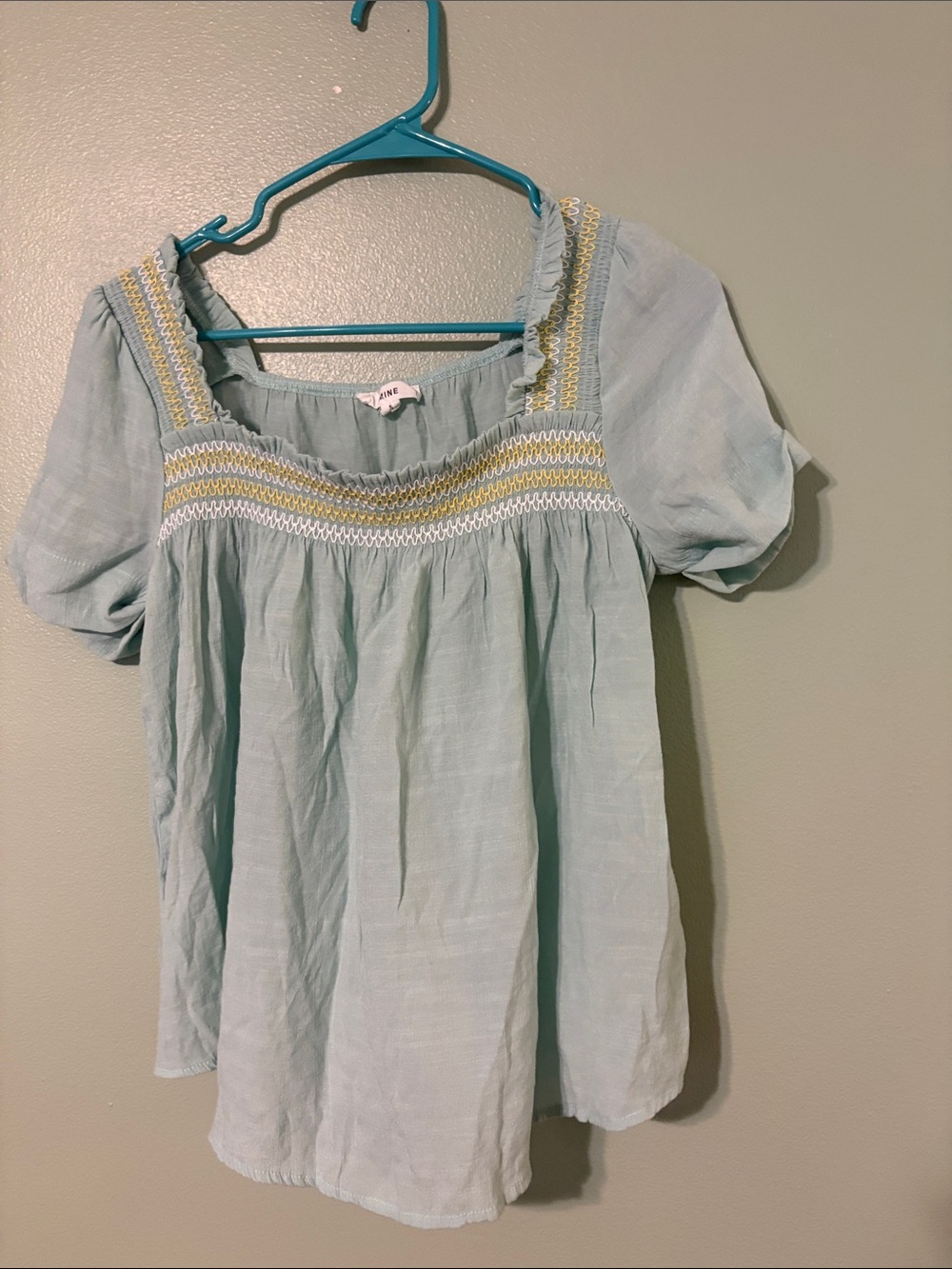mine Light Blue Smocked Square-Neck Blouse with Yellow Detail
